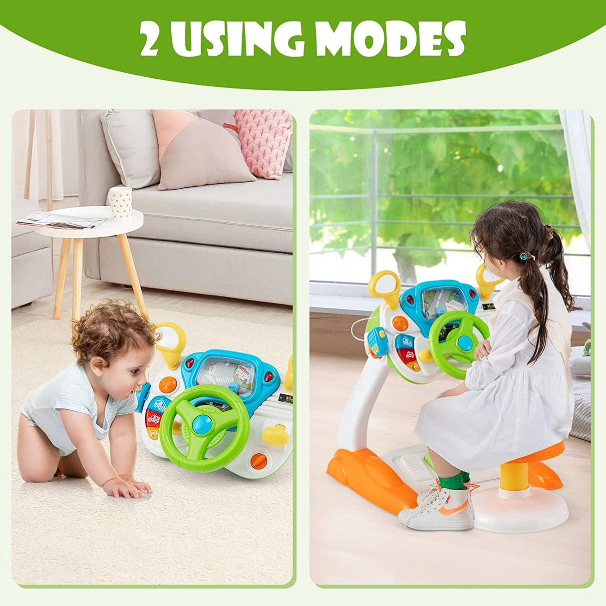 HONEY JOY Steering Wheel Toy, Pretend Play Driving Simulated Toy w/Light and Music, Cyclic Rotary Scene