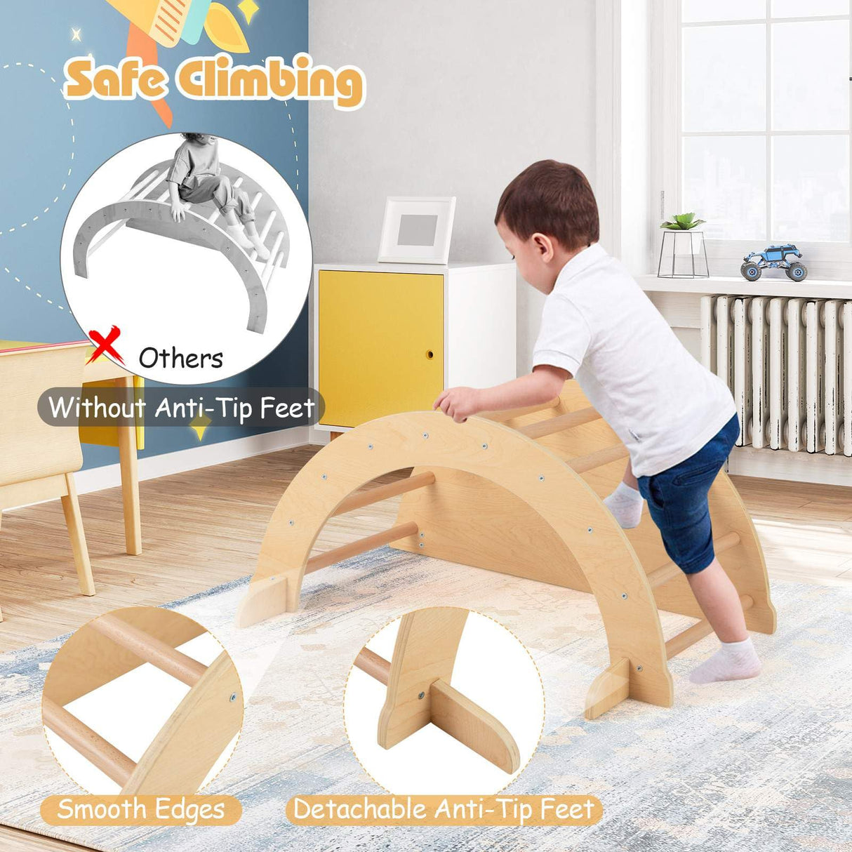 6 in 1 Climbing Arch Playset Wooden Rocker Stoppers Table w/Removable Cushion