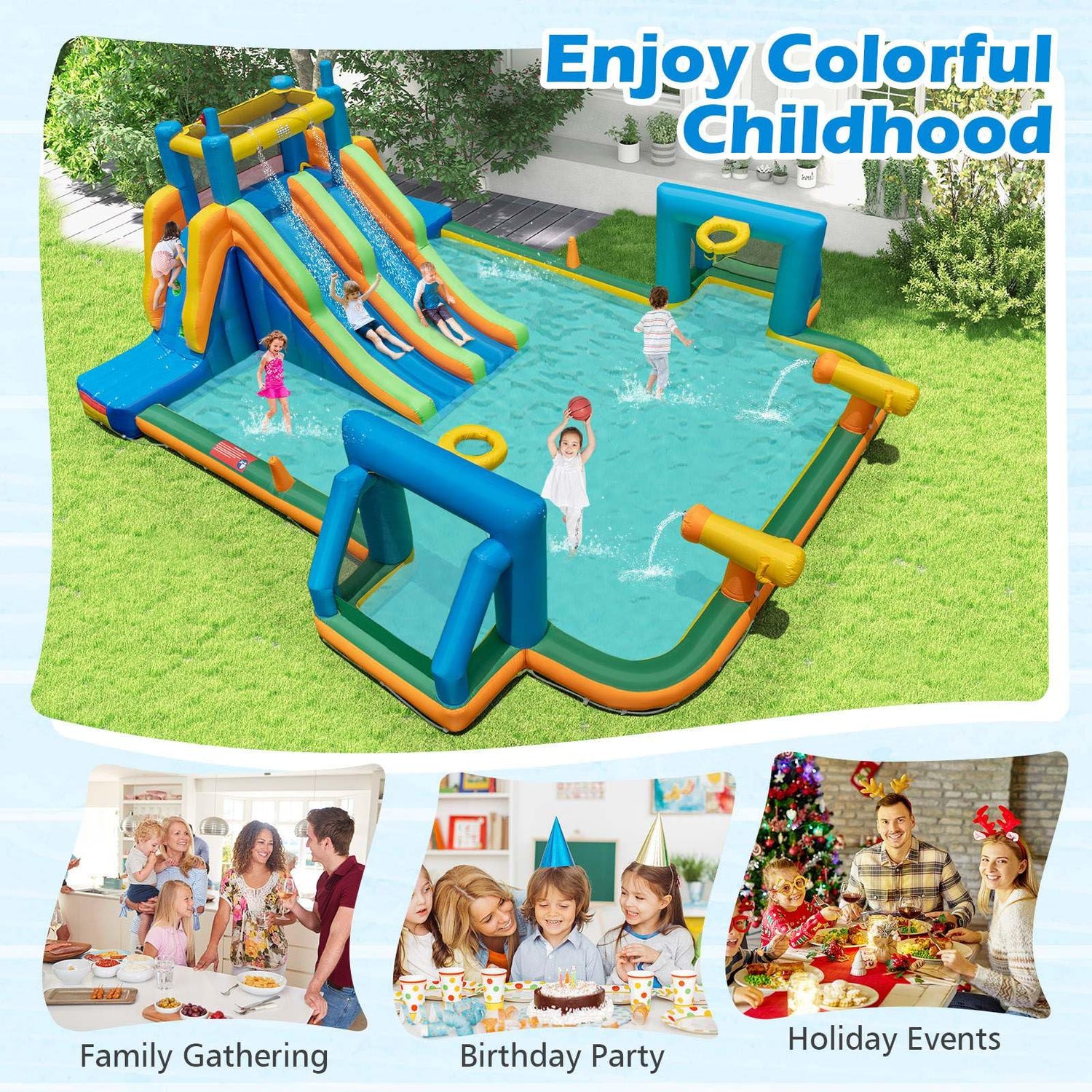 HONEY JOY Inflatable Water Slide, 19x17FT Large Waterslide Park w/Dual Long Slides & Climbing Walls