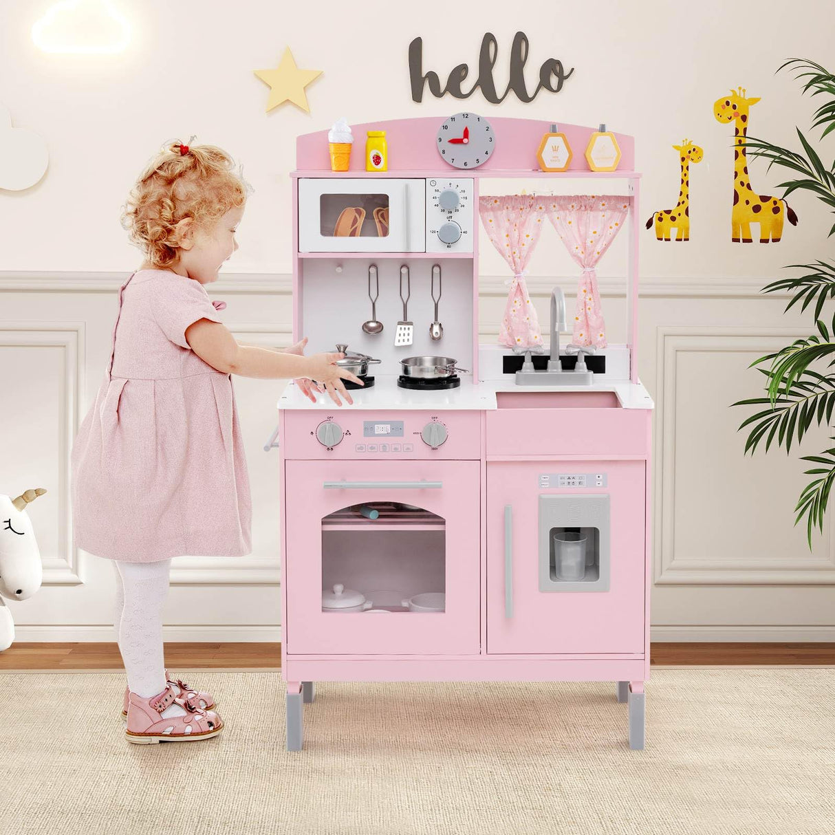 Wooden Play Kitchen for Kids with 3 Adjustable Heights and Stoves and Ice Maker