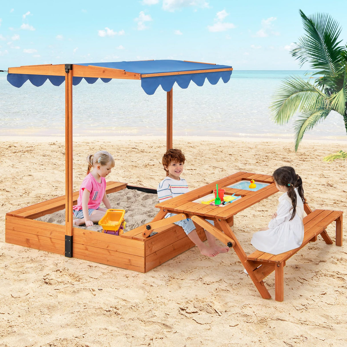 HONEY JOY Kids Wooden Sand Box w/Lid Cover, Outdoor Sand Pit for Children