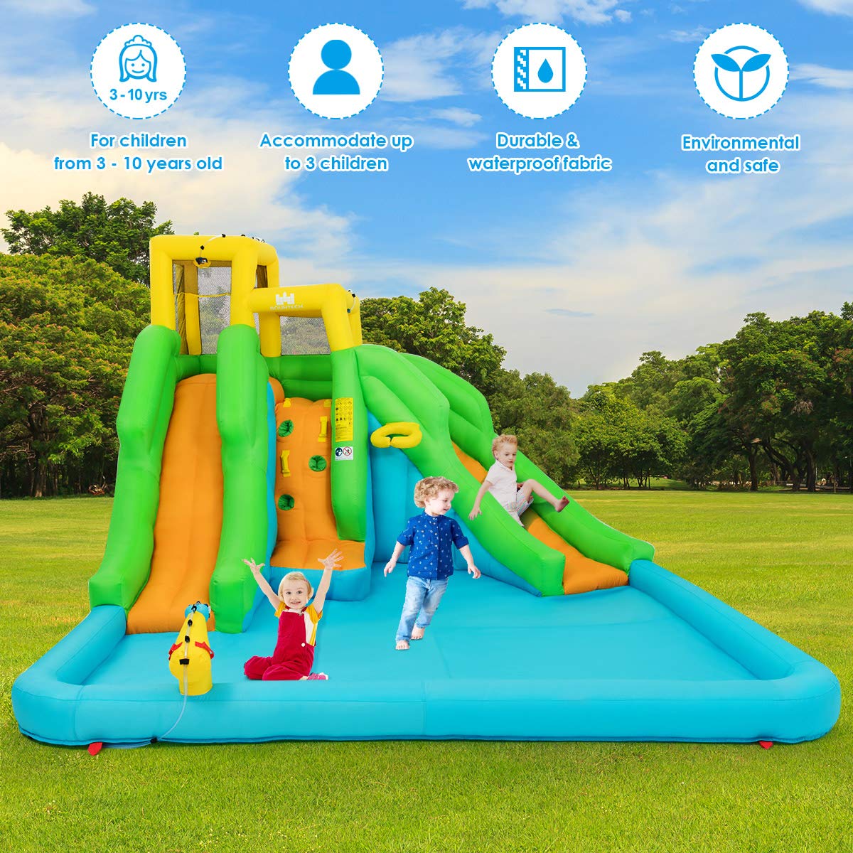 HONEY JOY Inflatable Water Slide, 6 in 1 Inflatable Castle Water Park w/Climbing Wall, Basketball Rim