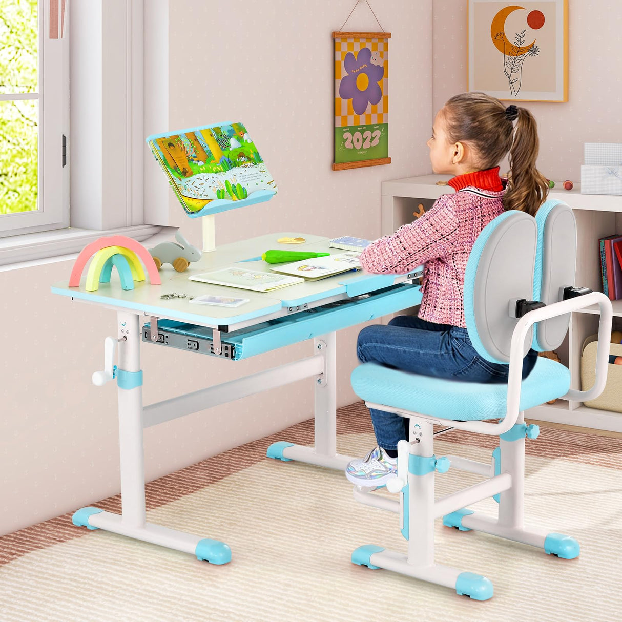 HONEY JOY Kids Desk and Chair Set, Student Study Desk w/Adjustable Height, Tiltable Desktop, Book Stand