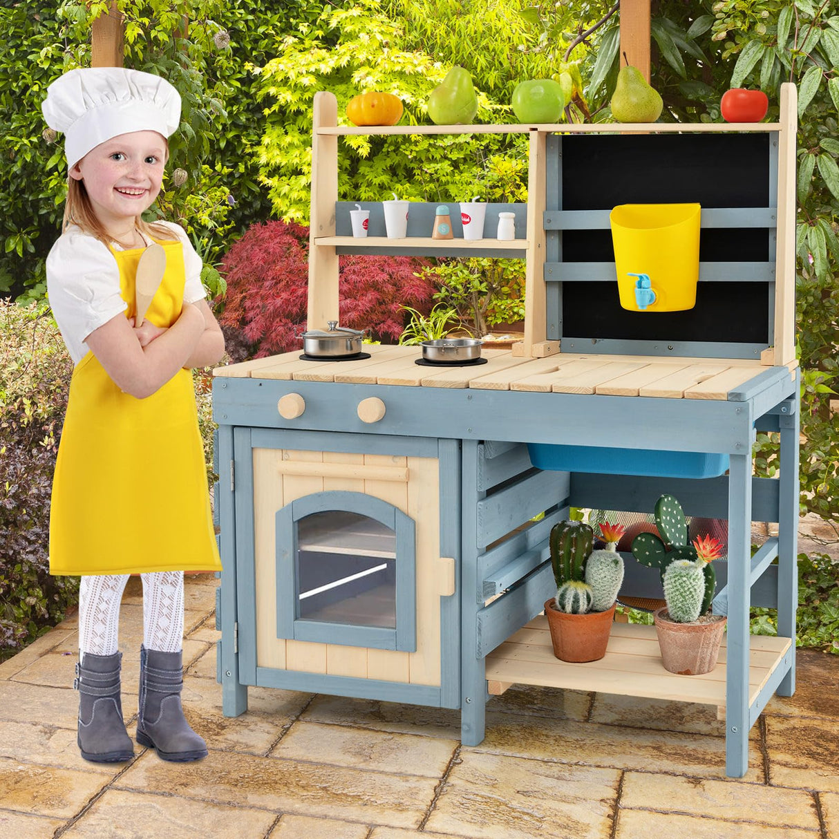 HONEY JOY 2-in-1 Outdoor Mud Kitchen, Kids Play Kitchen & Grocery Store with Faucet & Removable Sink, Metal Baskets & Storage Bag