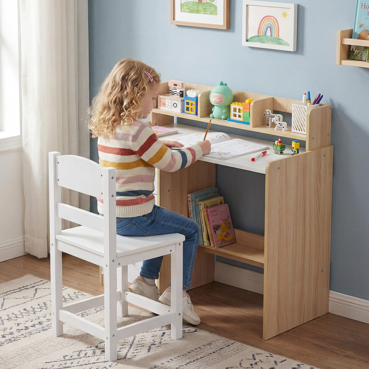 HONEY JOY Kids Study Desk and Chair Set w/Hutch & Storage Shelf for Arts, Crafts