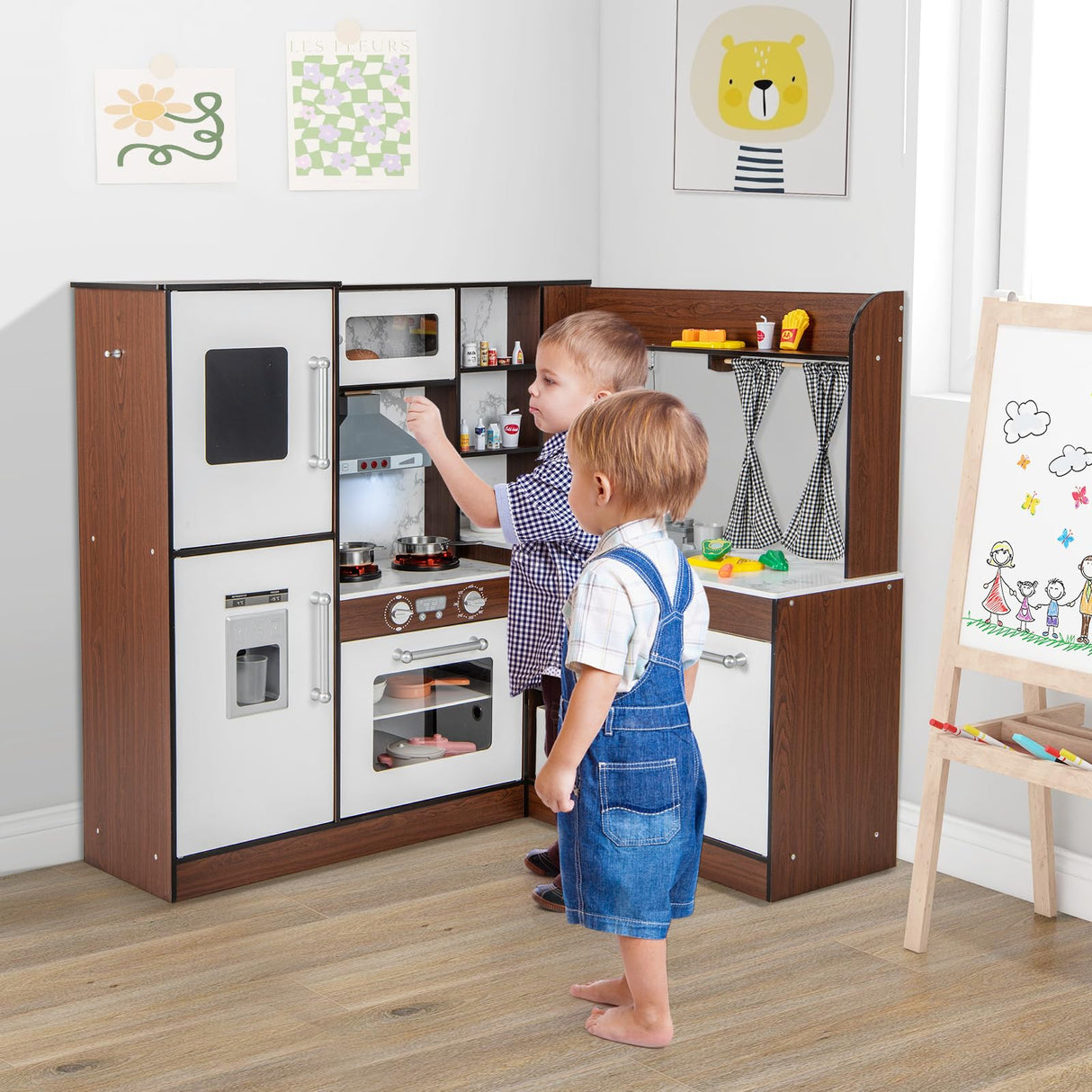 HONEY JOY Wooden Corner Play Kitchen, Toddler Kitchen Playset w/Lights & Sounds