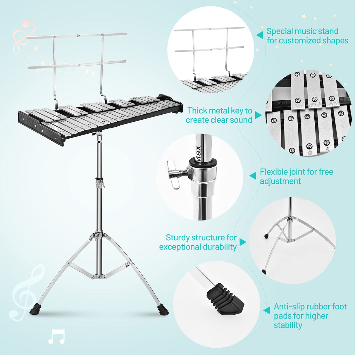 HONEY JOY 32 Note Glockenspiel Xylophone Percussion Bell Kit with Adjustable Stand, 8'' Practice Pad