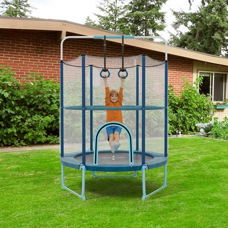 60" Kids Trampoline 5 FT Recreational Trampoline with Gymnastic Bar & Rings Blue