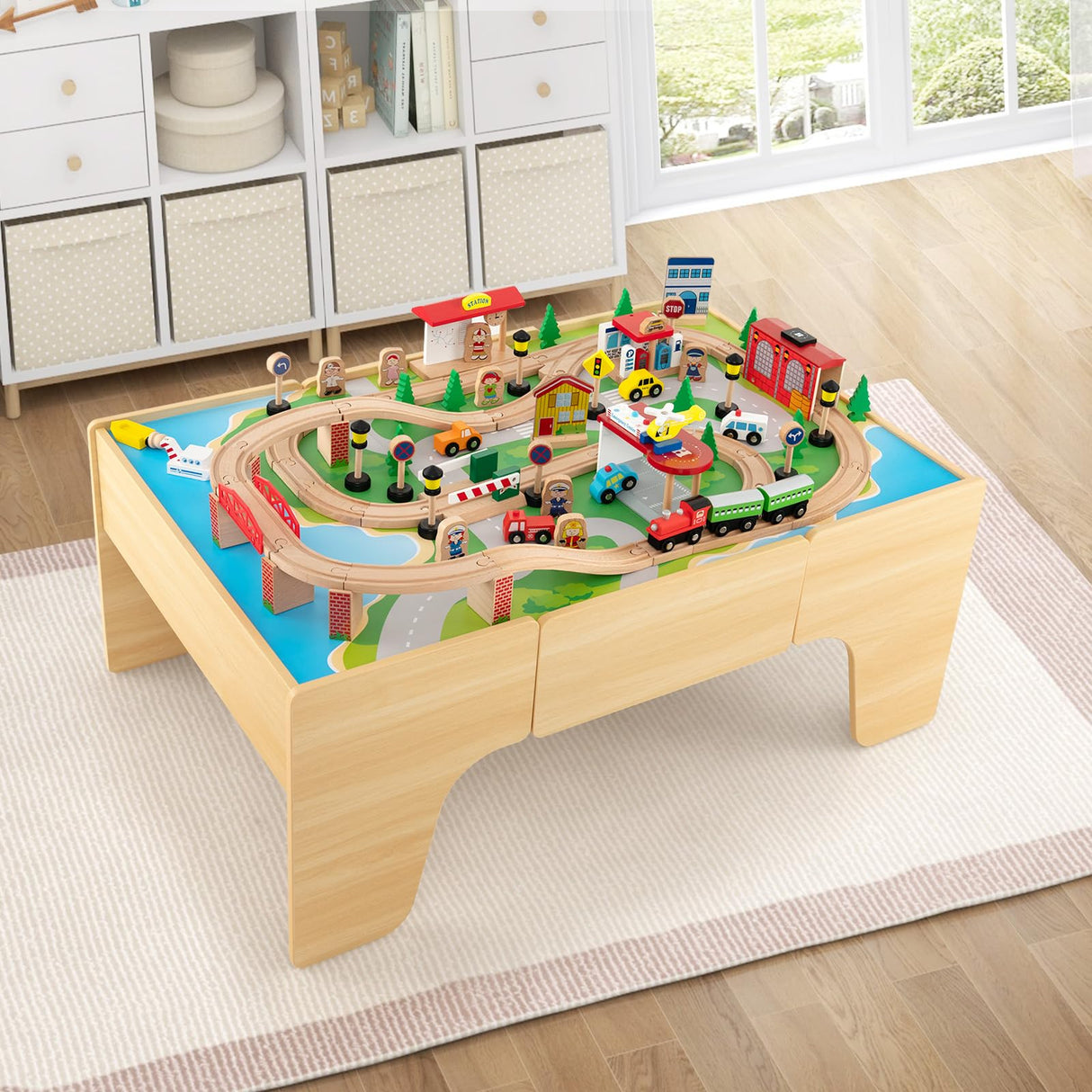 HONEY JOY Wooden Train Table Set