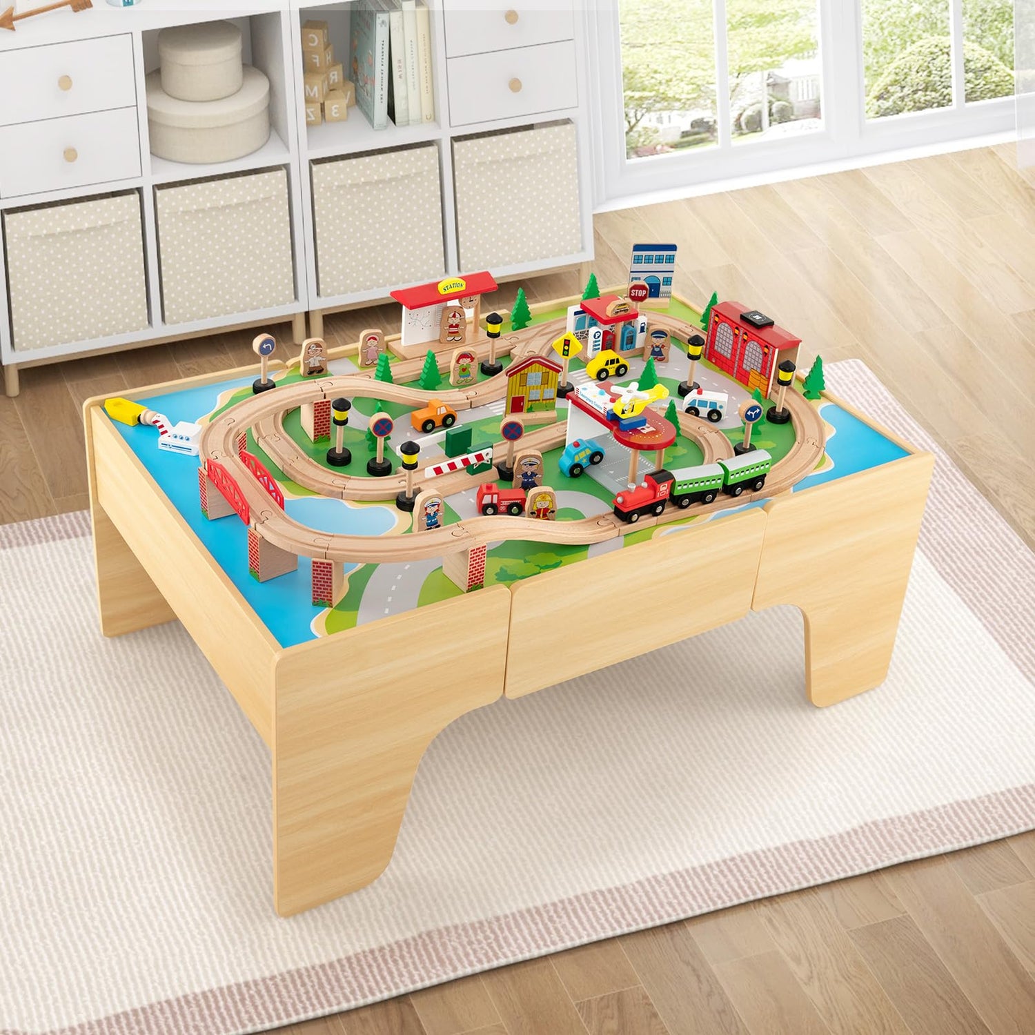 HONEY JOY Wooden Train Table Set