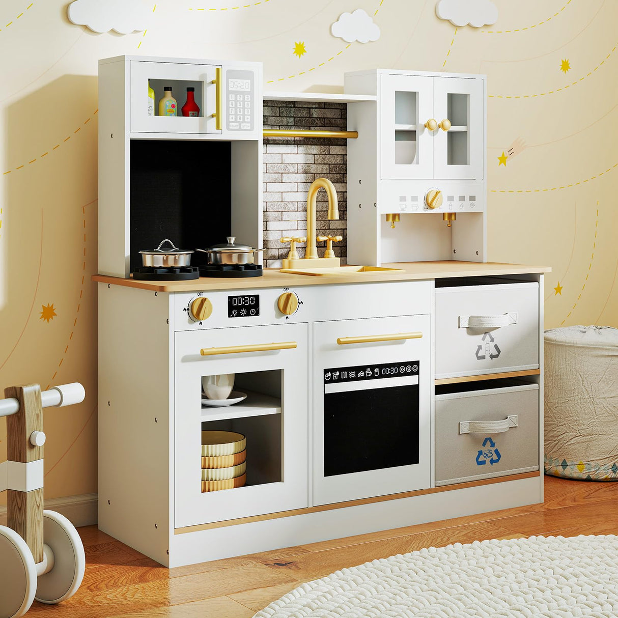 Kids Kitchen Playset Wooden Pretend Play Kitchen with Stoves