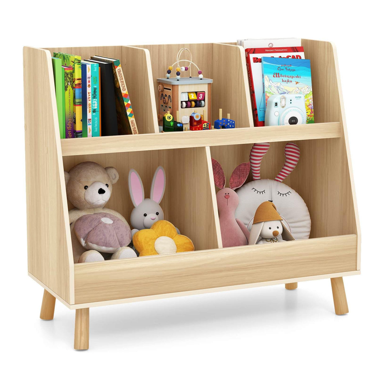 5-Cube Kids Bookshelf and Toy Organiser Wooden Storage Bookcase w/ Wood Legs