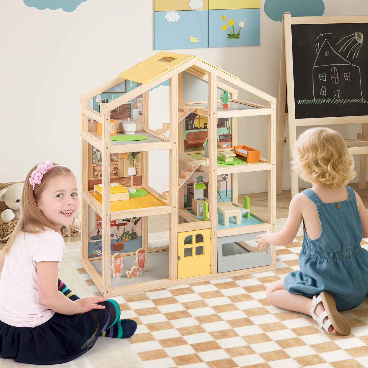 Two children playing with a wooden dollhouse in a room with a checkered floor.