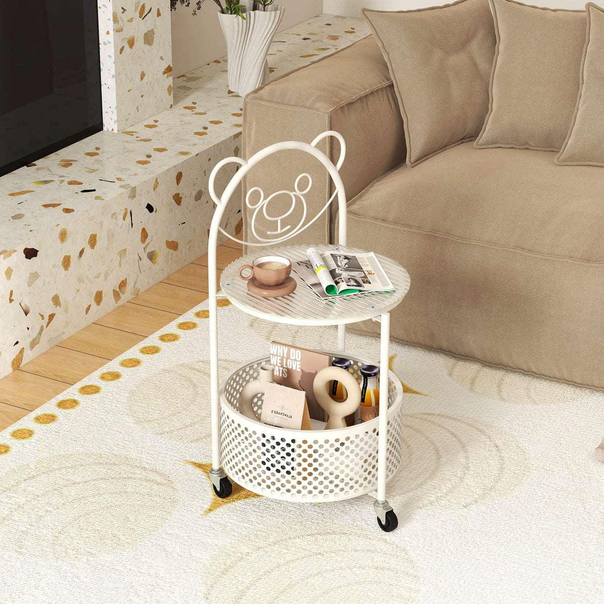 HONEY JOY 2-Tier Round End Table Storage Side Table Bedroom w/Lockable Wheels