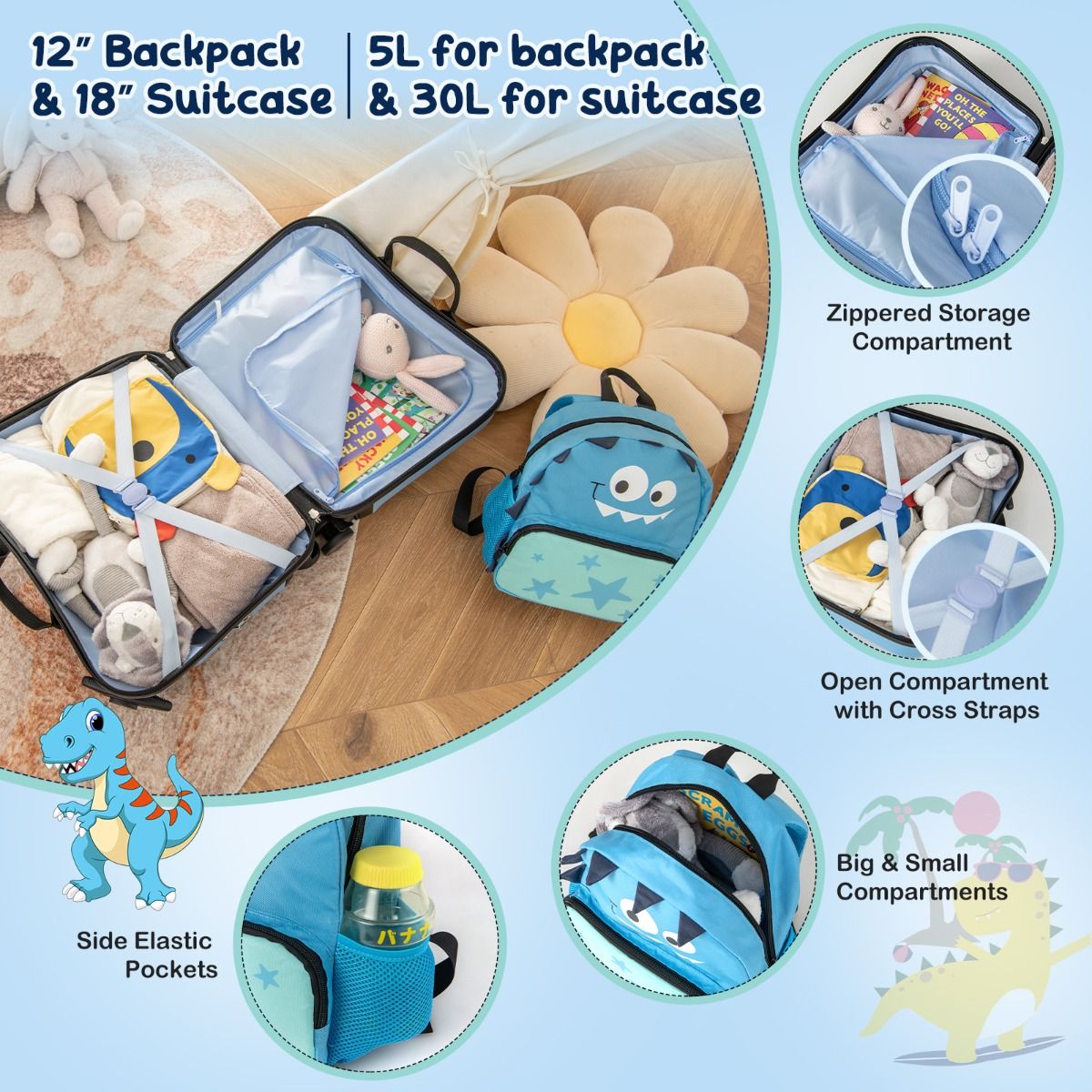 BABY JOY 2 PCS Kid Luggage Set, 18" Suitcase & 12" Backpack Set