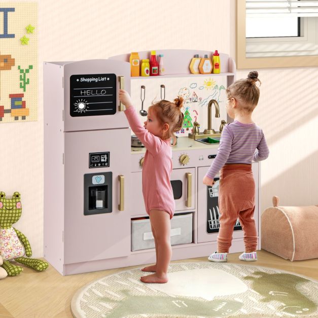 Kids Pretend Play Kitchen Set with Fabric Drawer and Doodle Boards