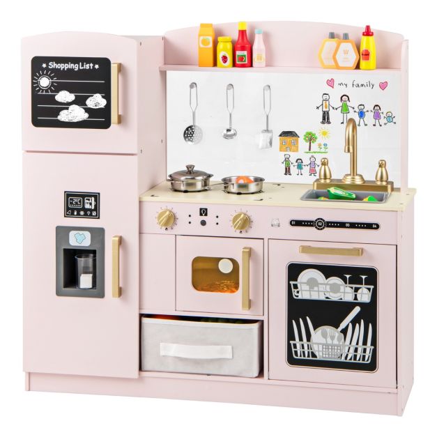 Kids Pretend Play Kitchen Set with Fabric Drawer and Doodle Boards