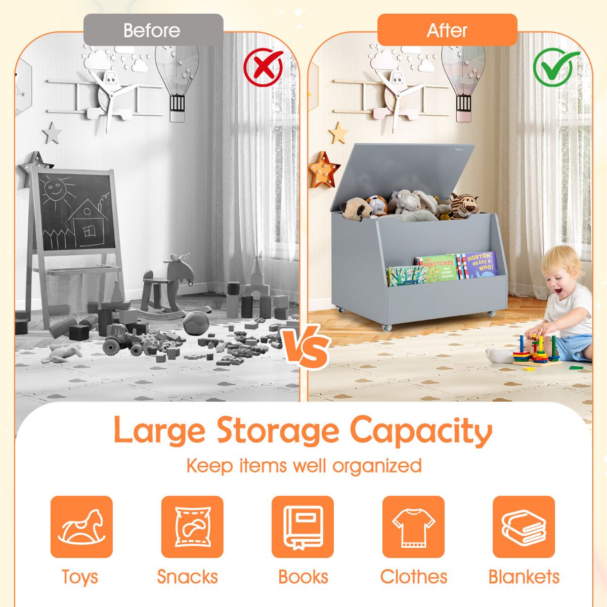 Kids Toy Box Wooden Mobile Toy Storage Organizer