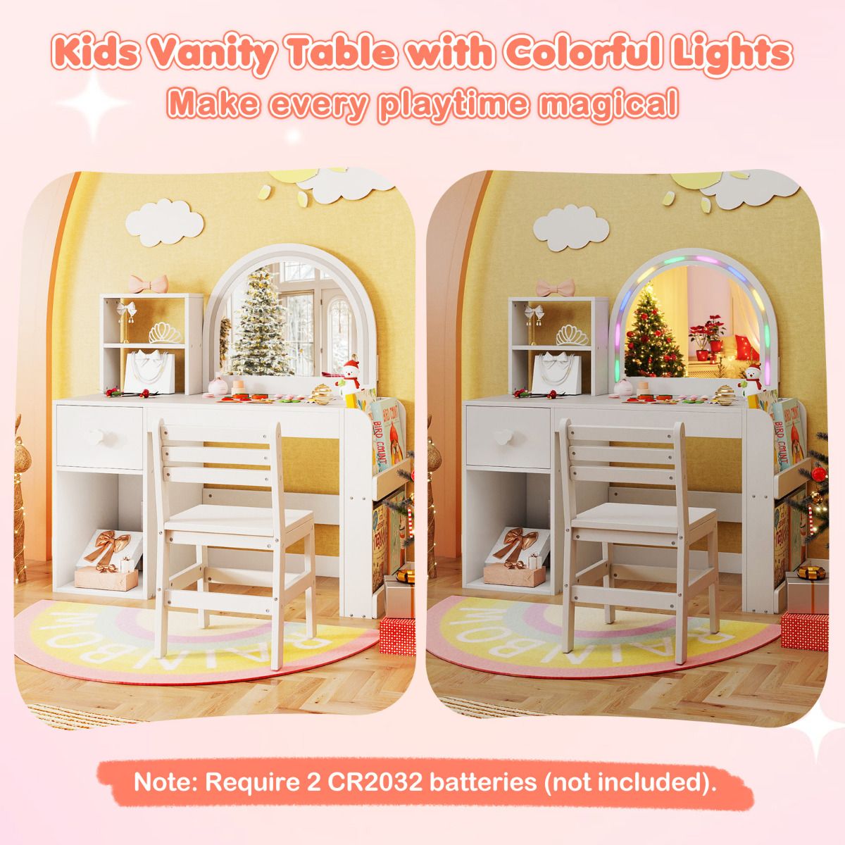 Children's vanity table with colorful lights and a chair in a playroom setting.