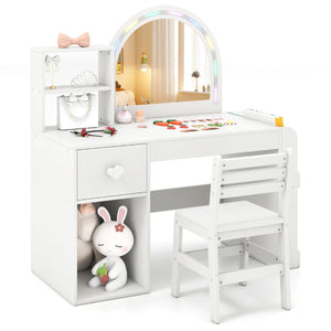 White children's vanity table with mirror, chair, and various items on a white background