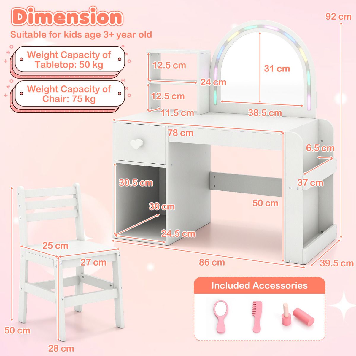 Children's desk and chair set with dimensions and included accessories on a pink background