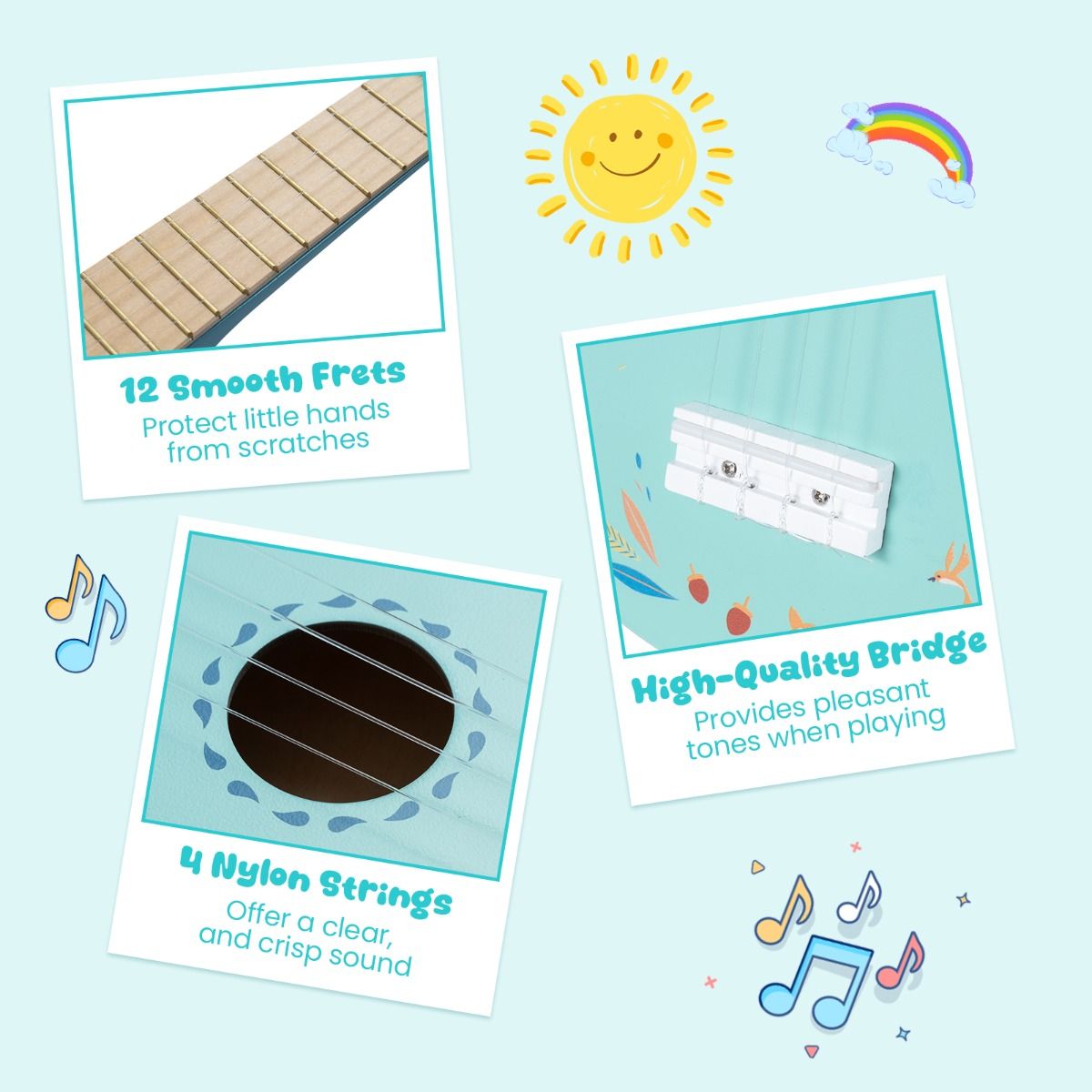 4 Strings Mini Ukulele with Basswood Body for 3+ Years Old