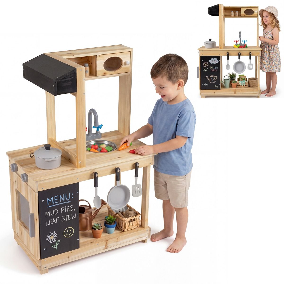 Outdoor Mud Kitchen for Kids Play Kitchen with Stoves Sink and Chalkboard