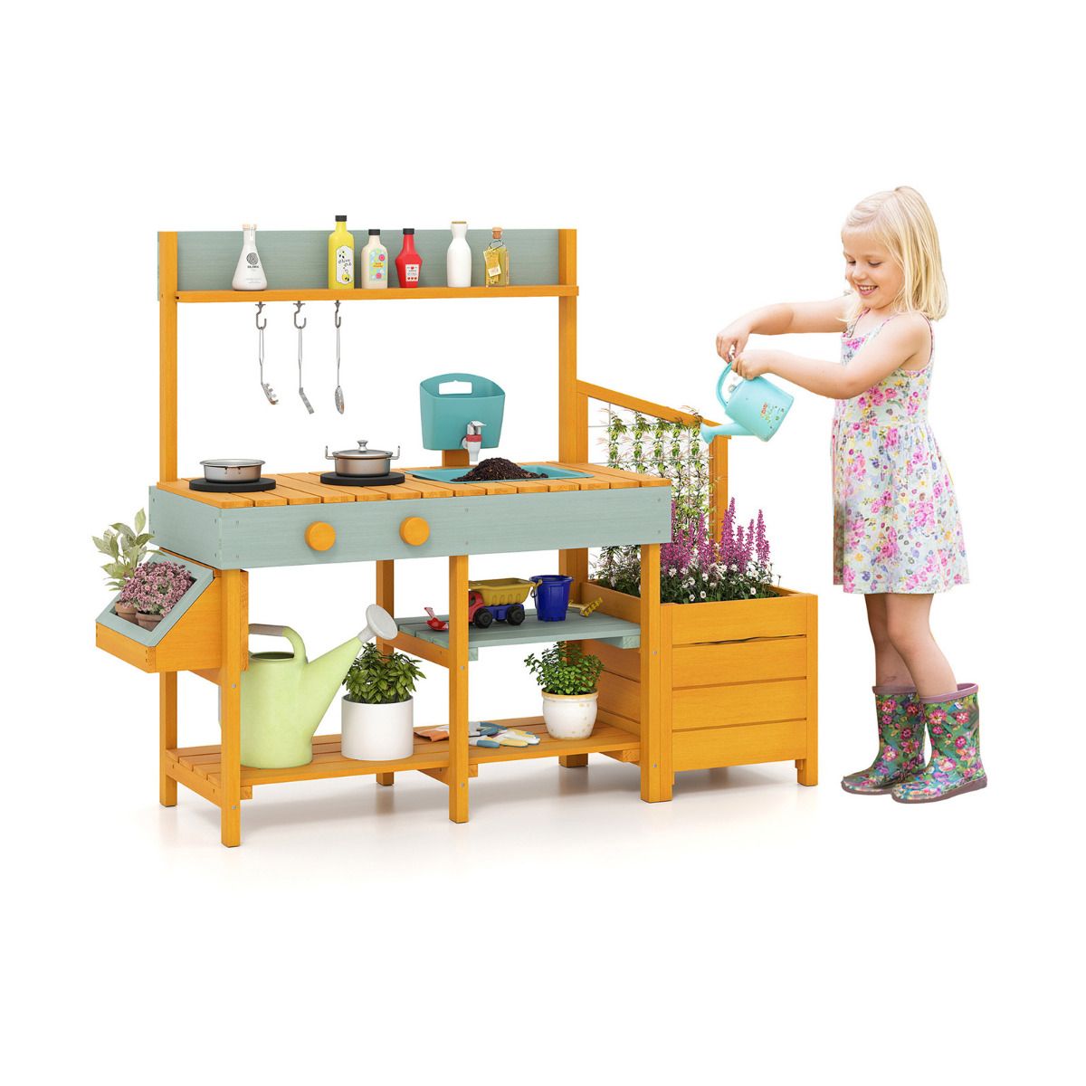Children's play kitchen set with a child playing with it on a white background