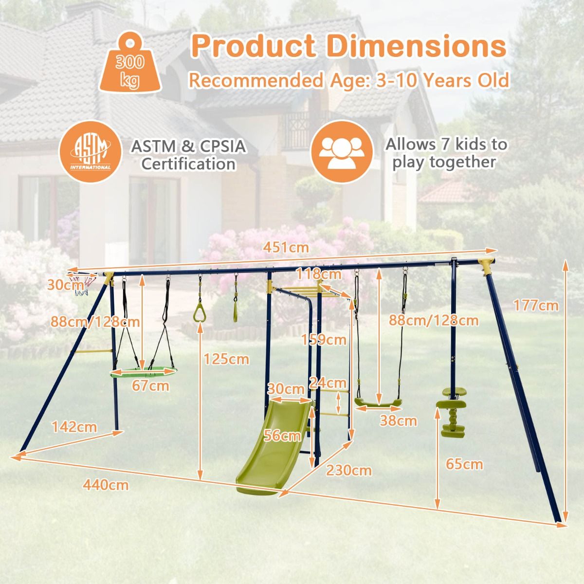 7-in-1 Outdoor Swing Set with Ground Stakes for Garden/Backyard/Park