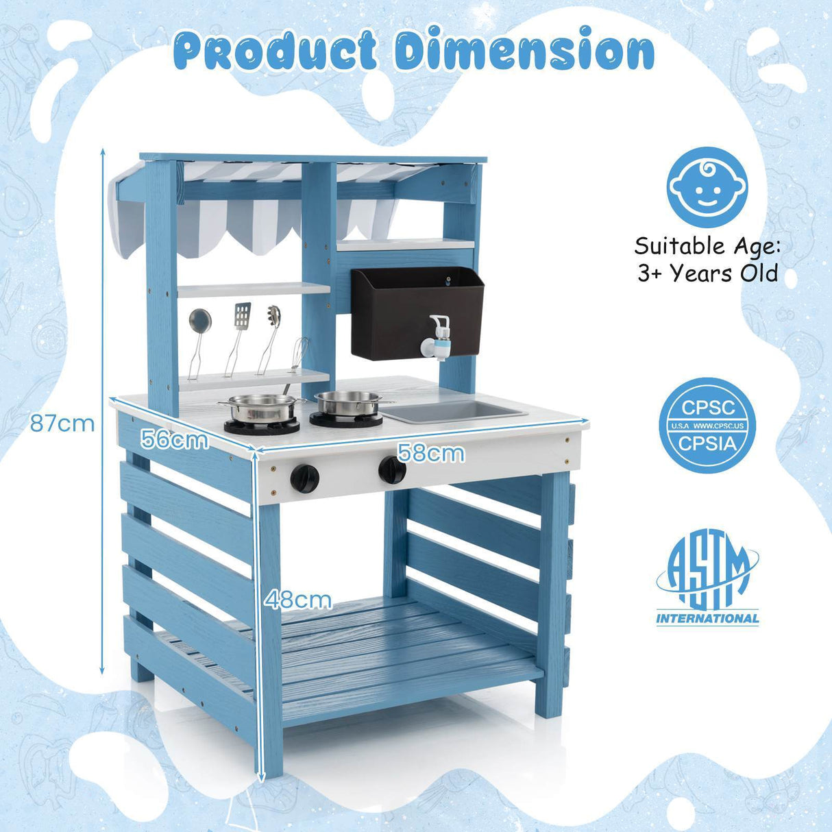 2-In-1 Double-Sided Kids Kitchen Playset Wooden Pretend Play Kitchen w/Canopy