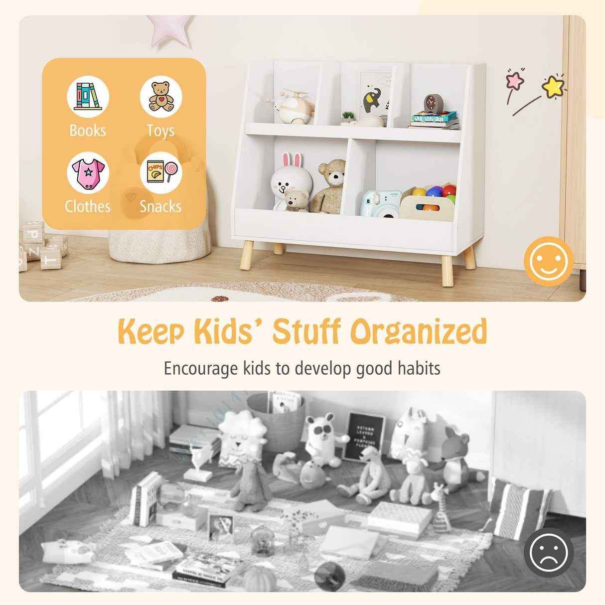 5-Cube Kids Bookshelf and Toy Organiser Wooden Storage Bookcase w/ Wood Legs