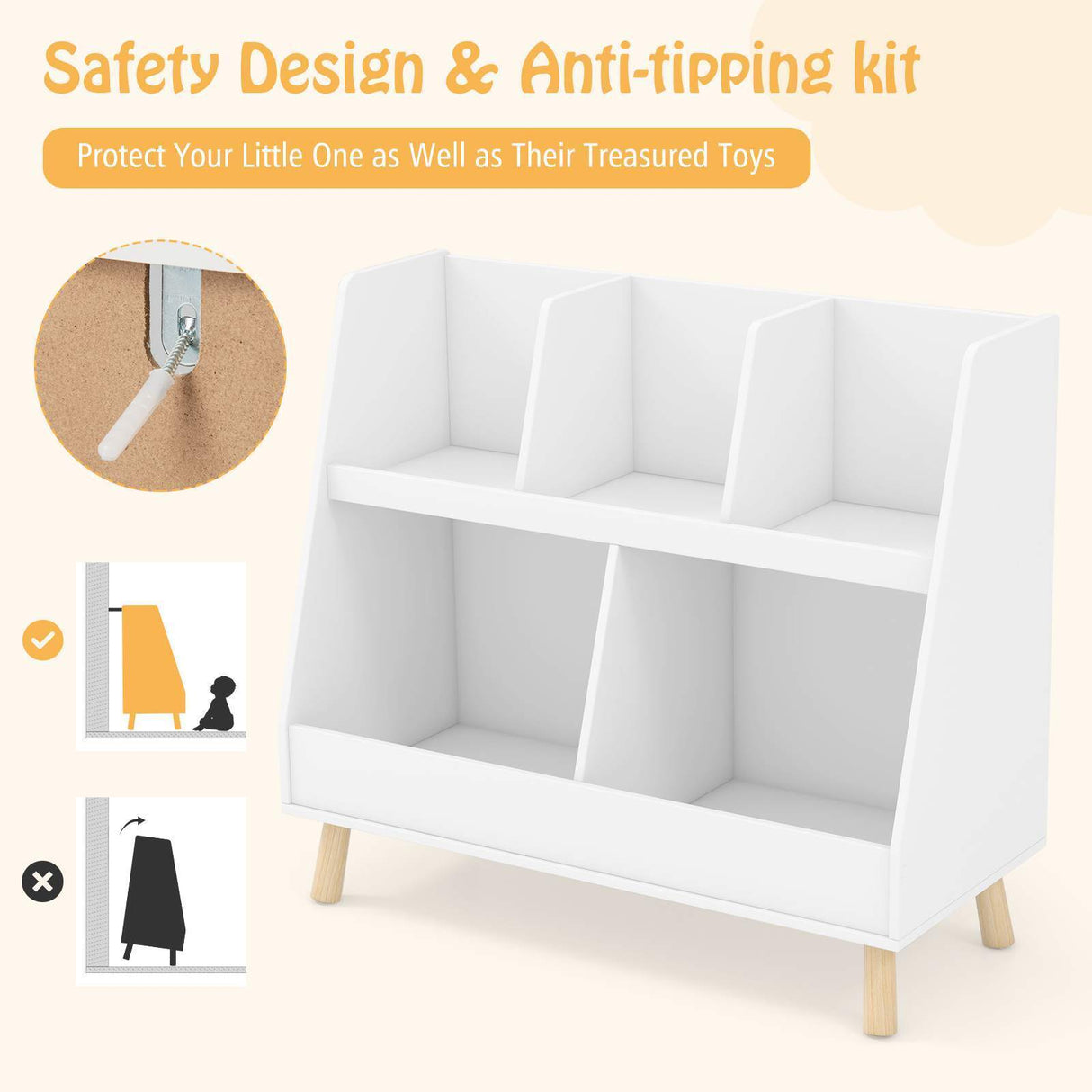 5-Cube Kids Bookshelf and Toy Organiser Wooden Storage Bookcase w/ Wood Legs