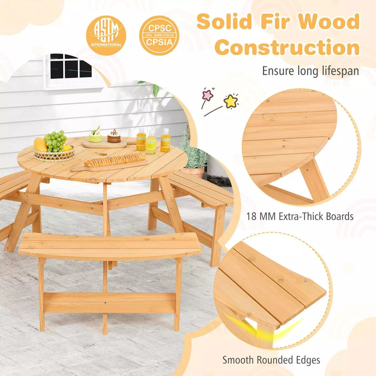 Kids Outdoor Wooden Picnic Table and Bench Set w/ Umbrella Hole, 6 Person Activity Dining Table