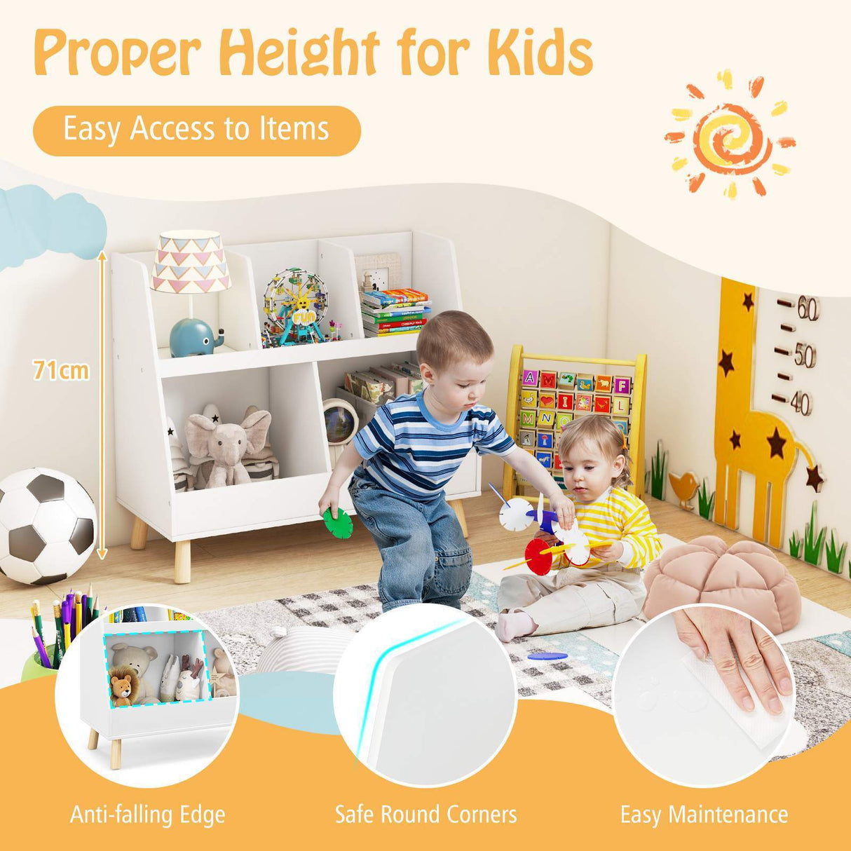 5-Cube Kids Bookshelf and Toy Organiser Wooden Storage Bookcase w/ Wood Legs