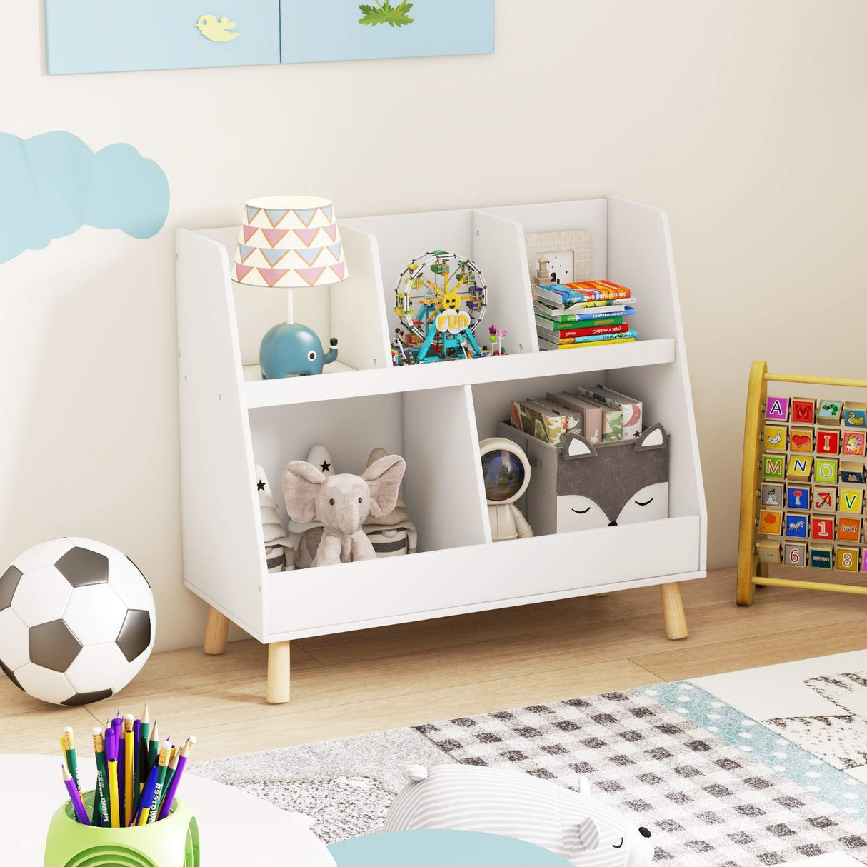 5-Cube Kids Bookshelf and Toy Organiser Wooden Storage Bookcase w/ Wood Legs