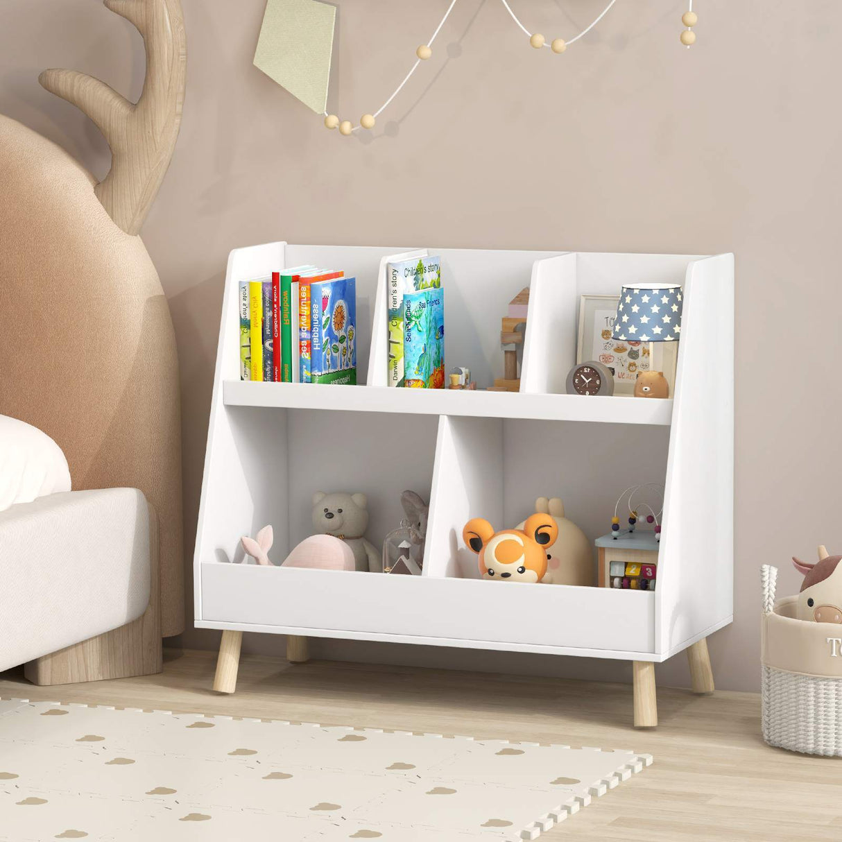 5-Cube Kids Bookshelf and Toy Organiser Wooden Storage Bookcase w/ Wood Legs