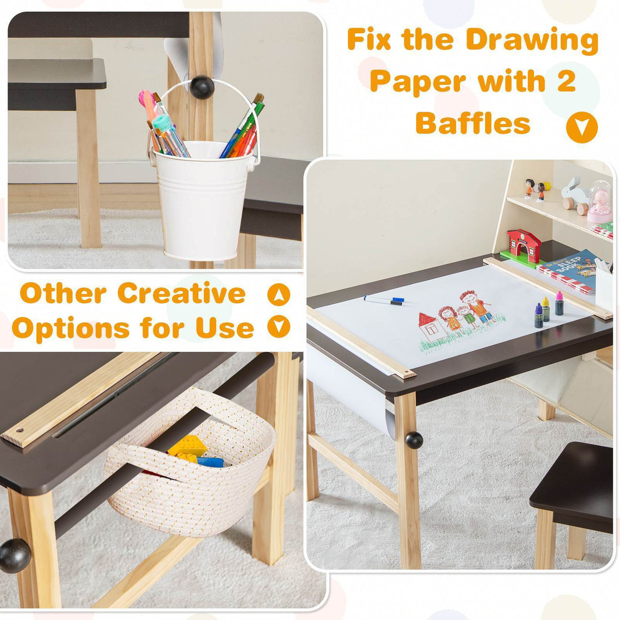 Kids Table and Chairs Set 3PCS Art Drawing Activity Desk Stools w/Storage Bins
