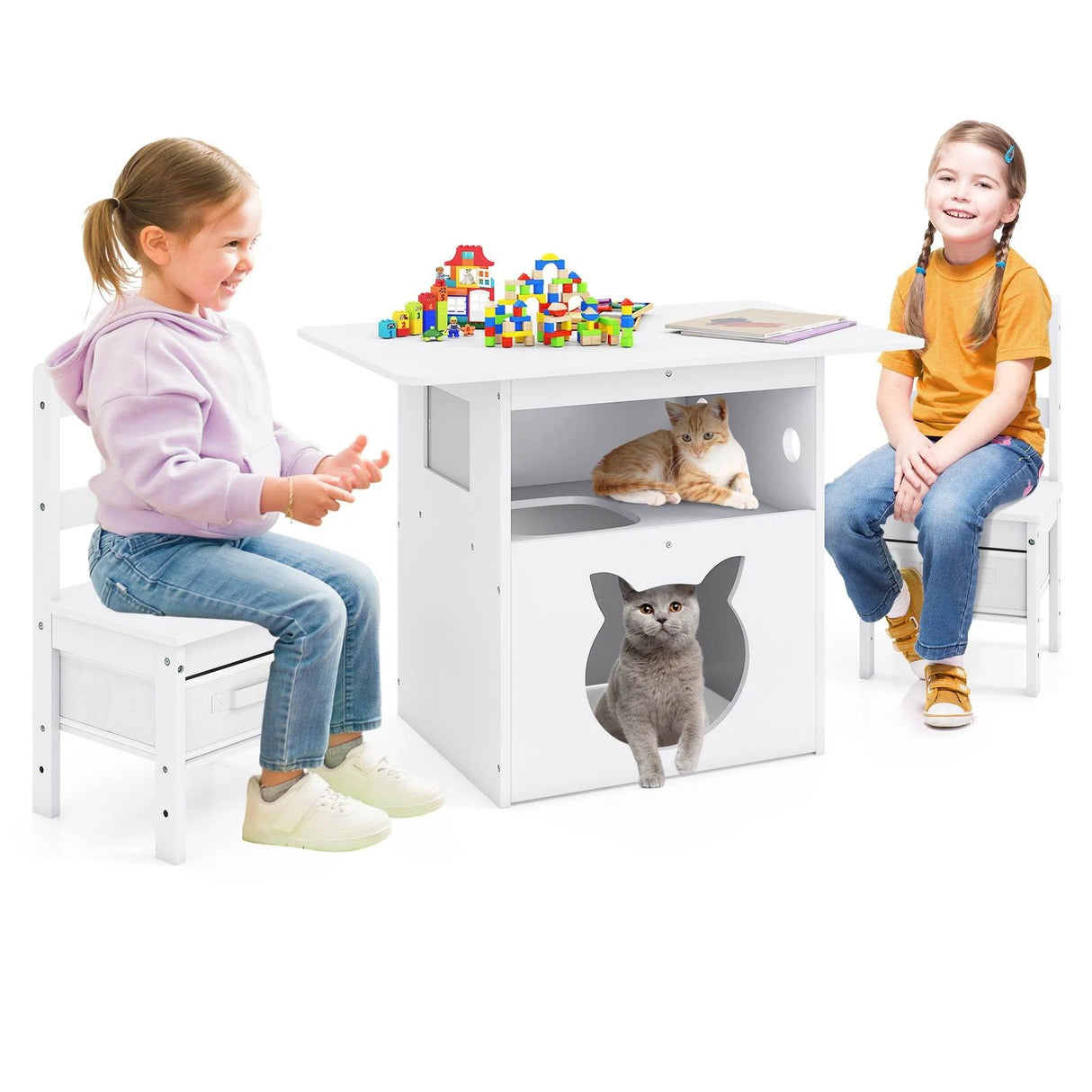 Kids Table and Chairs Set 3 Pieces Wooden Children Furniture Desk with Cat House