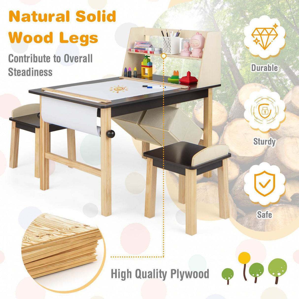 Kids Table and Chairs Set 3PCS Art Drawing Activity Desk Stools w/Storage Bins