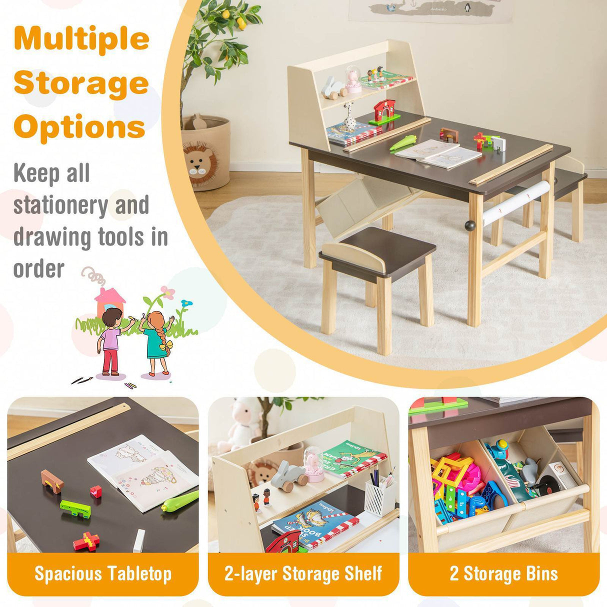 Kids Table and Chairs Set 3PCS Art Drawing Activity Desk Stools w/Storage Bins
