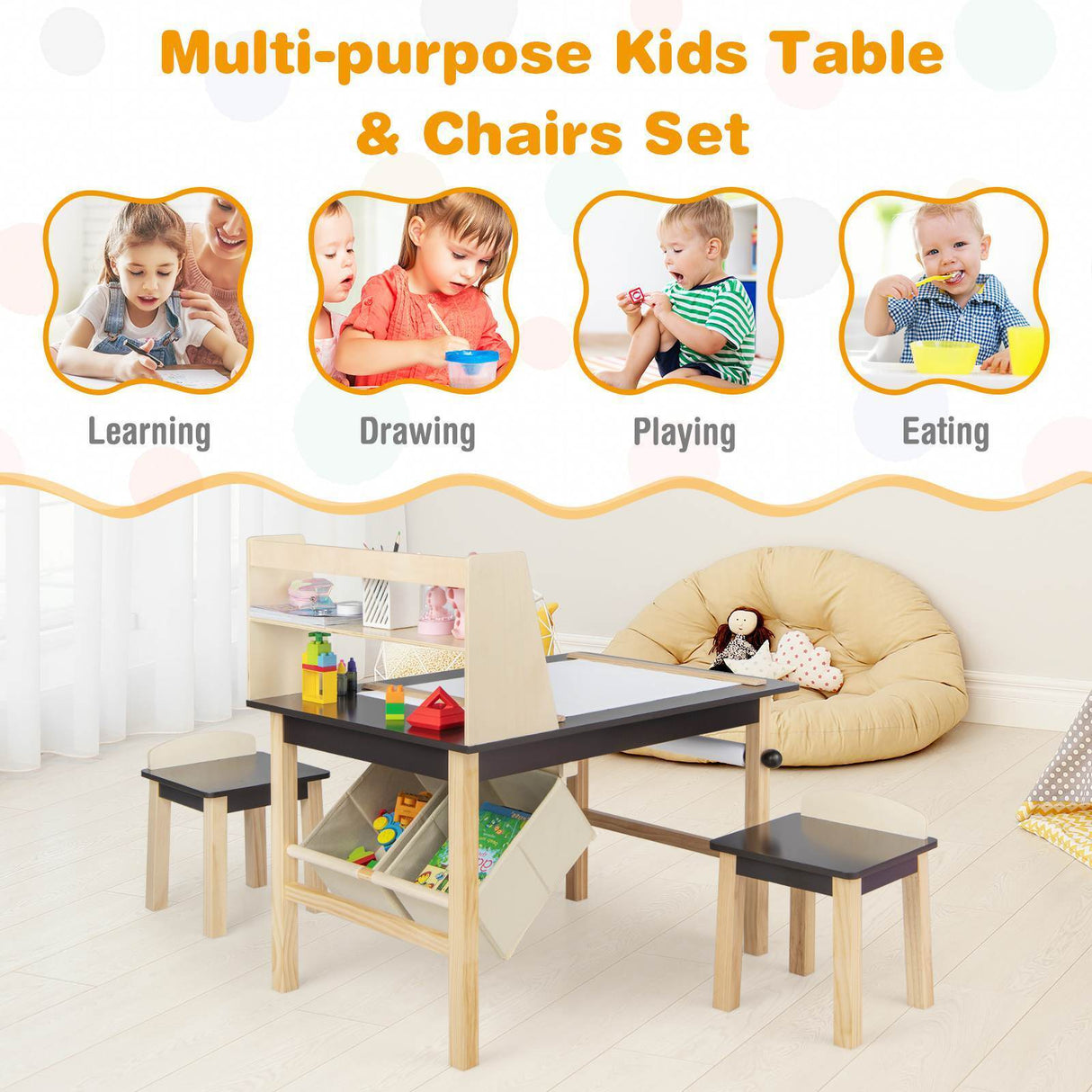Kids Table and Chairs Set 3PCS Art Drawing Activity Desk Stools w/Storage Bins