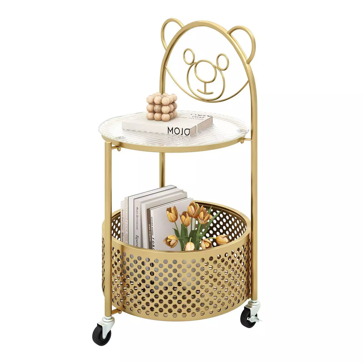HONEY JOY 2-Tier Round End Table Storage Side Table Bedroom w/Lockable Wheels