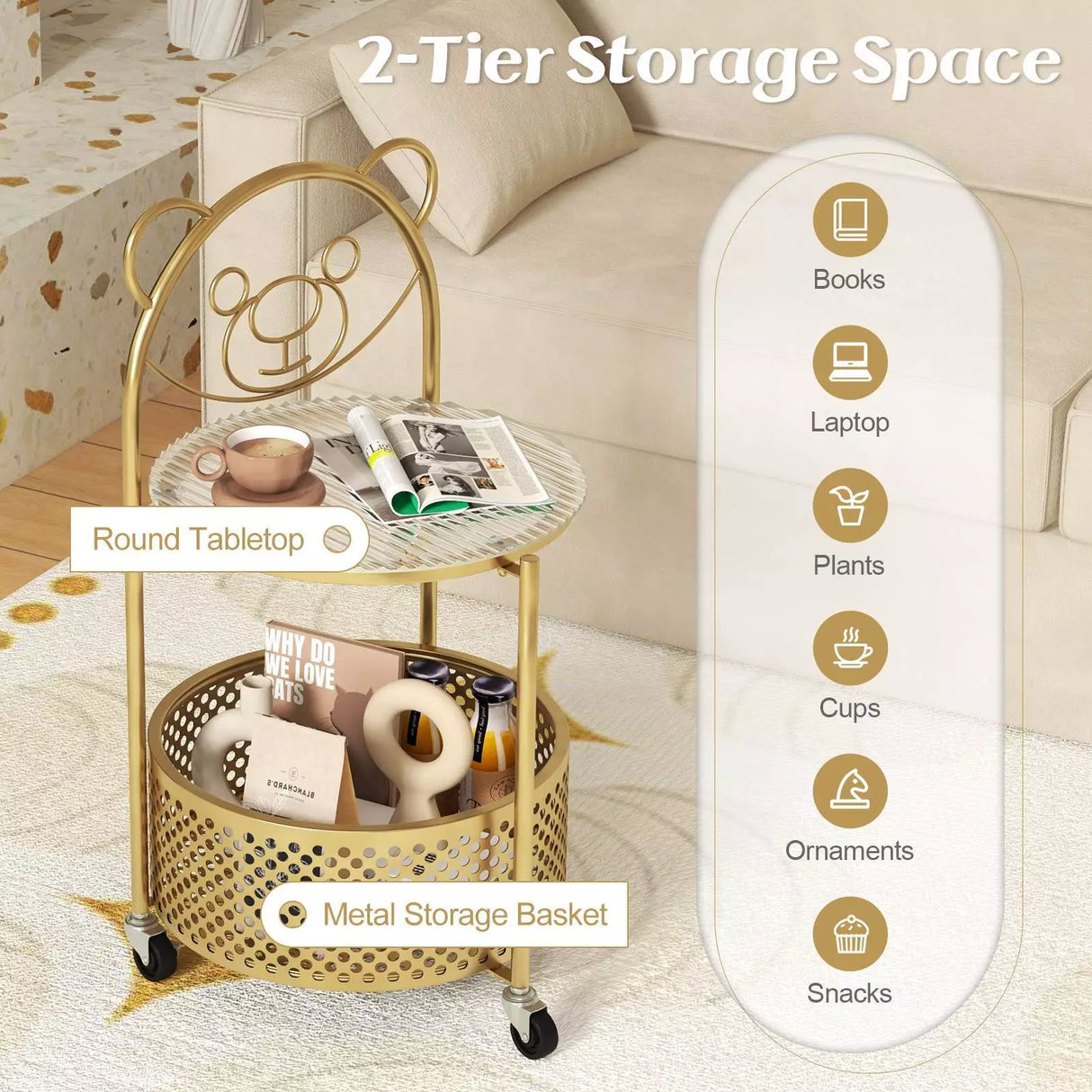 HONEY JOY 2-Tier Round End Table Storage Side Table Bedroom w/Lockable Wheels