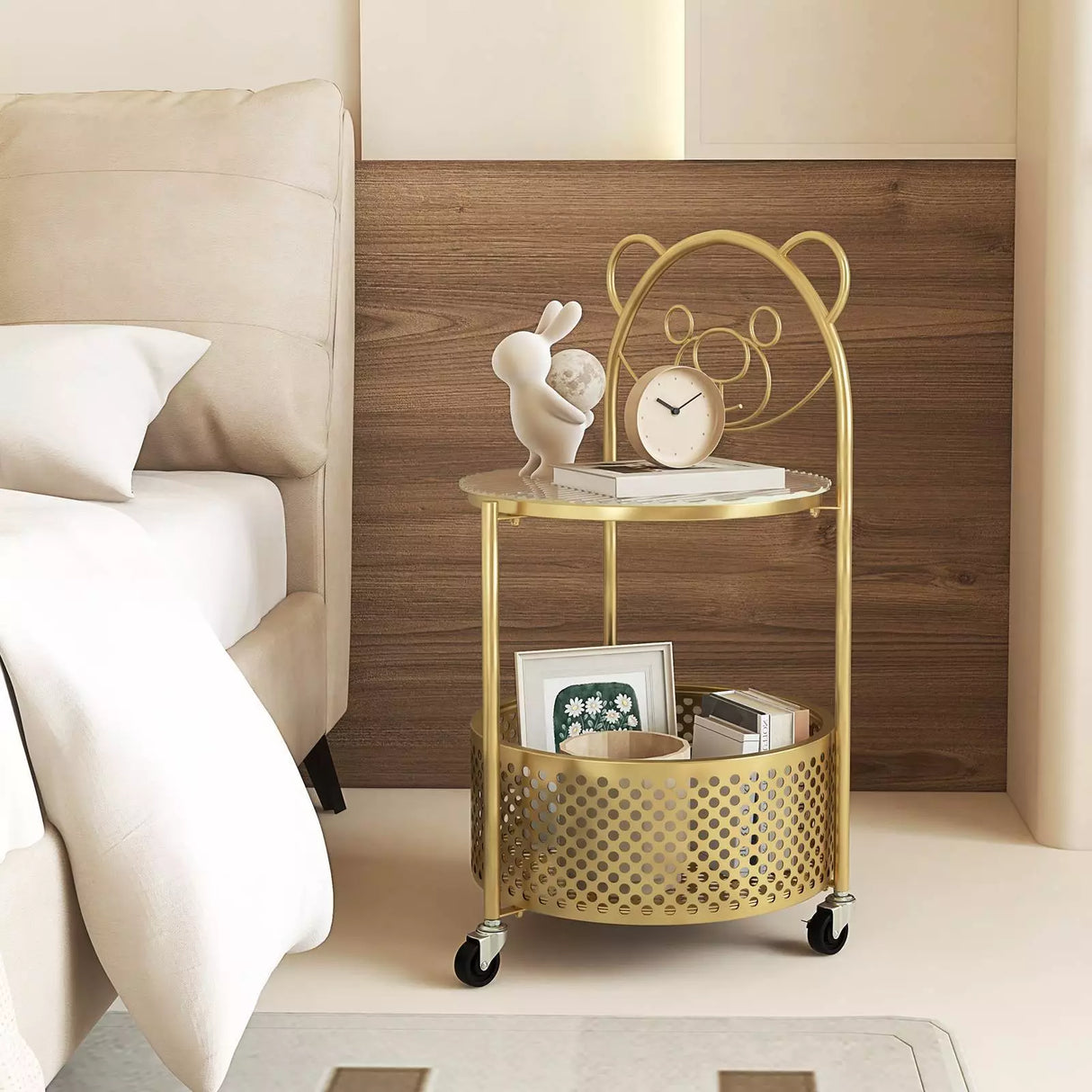 HONEY JOY 2-Tier Round End Table Storage Side Table Bedroom w/Lockable Wheels