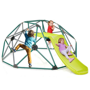 Children playing on a green and yellow dome climbing playset with slide.