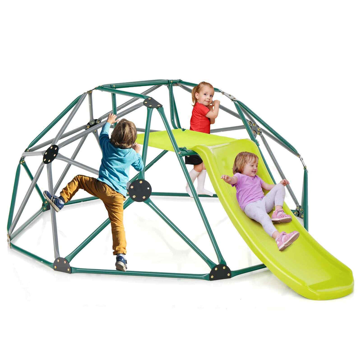 Children playing on a green and yellow dome climbing playset with slide.