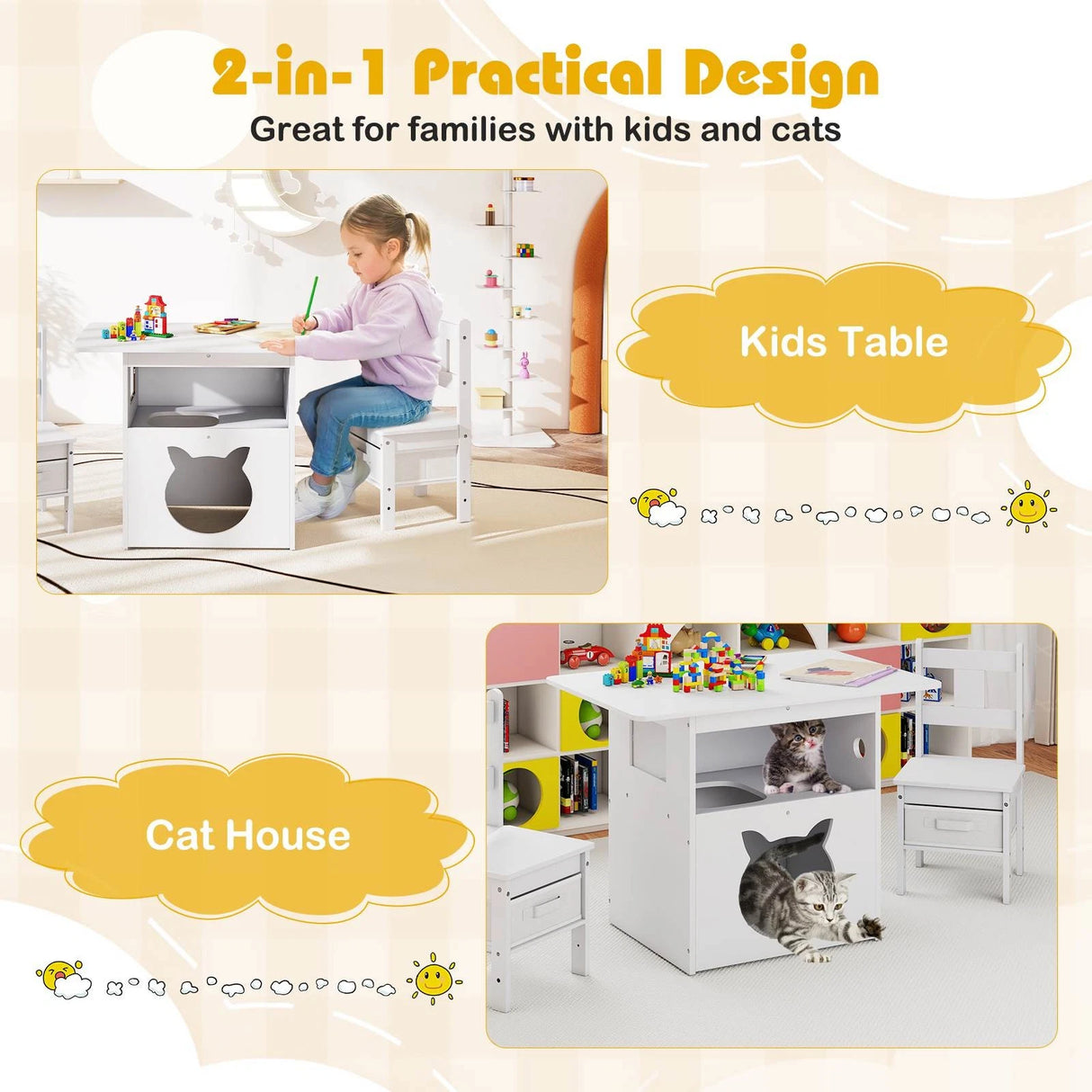 Kids Table and Chairs Set 3 Pieces Wooden Children Furniture Desk with Cat House