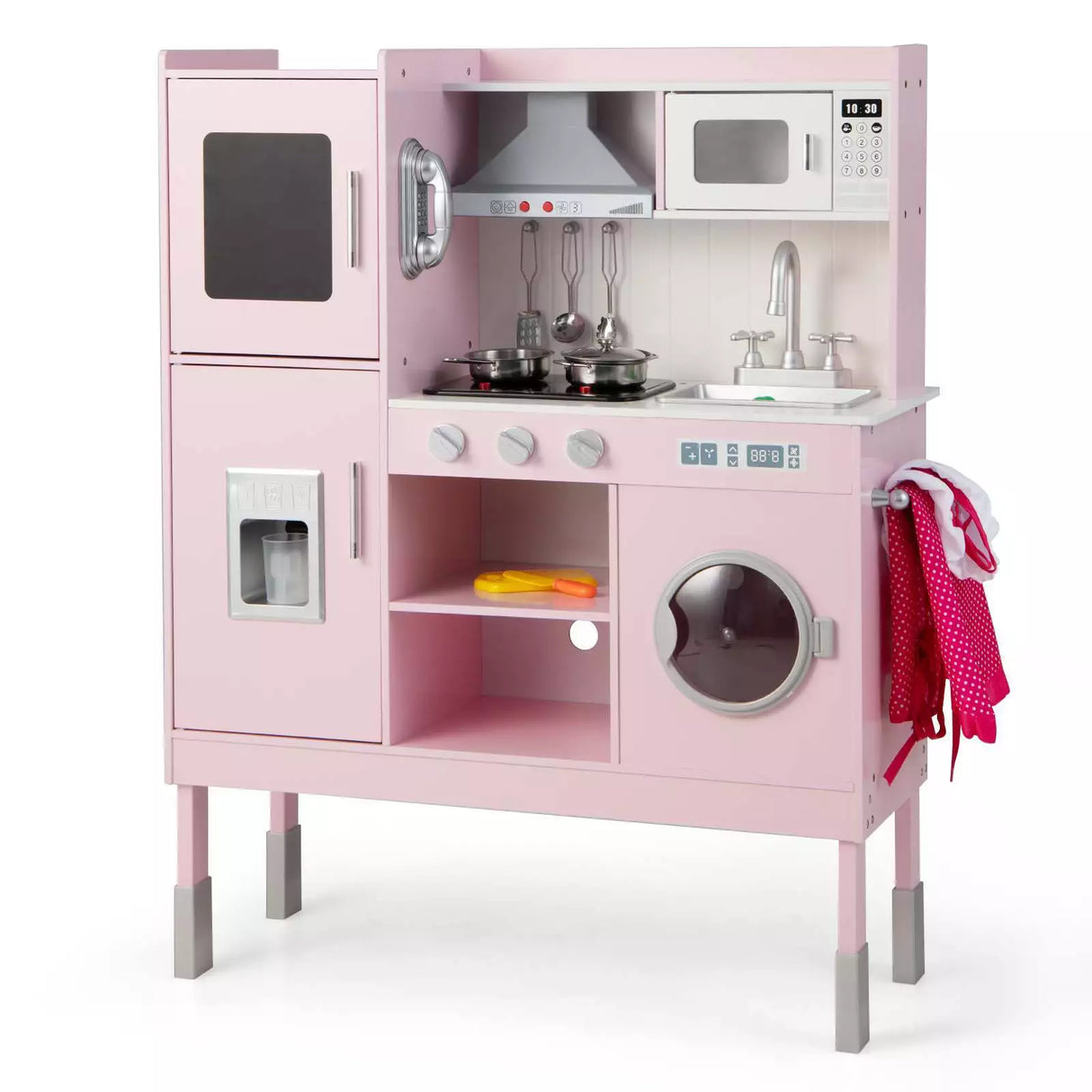 Kids Pretend Play Kitchen Wooden Kitchen Toy Playset w/Real Sounds & Lights Pink