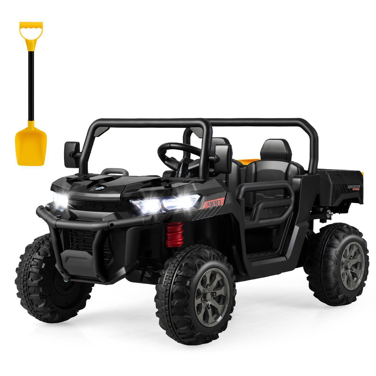 Black 12V electric ride on dump truck for kids with remote control, featuring LED headlights, off-road tires, and safety belt.