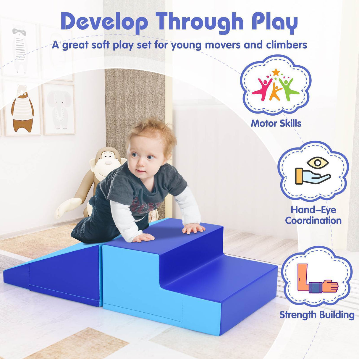 2-Piece Baby Soft Foam Block Playset Toddlers Step and Slide Climber Indoor Active Play